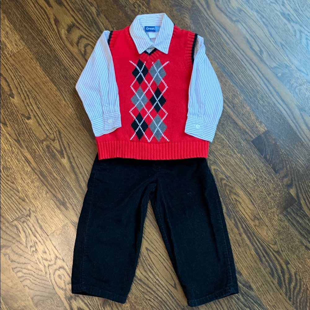EUC Red Argyle Vest with Striped Shirt and Black Pants - 2T